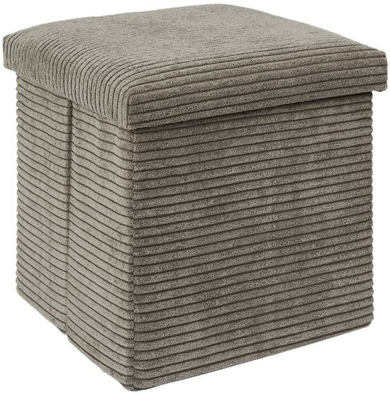 Home Deco Factory Poef/hocker opvouwbaar - rib design - opbergbox - zacht taupe - polyester/mdf - 38 x 38 cm