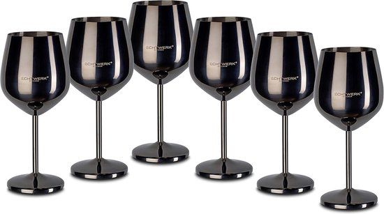 Echtwerk Onbreekbare wijnglazen/wijnkelk van roestvrij staal, Black Edition, 6-delig, 21x 7,3cm, 0,5L