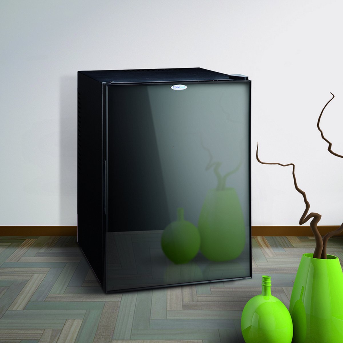 Technomax TP40NS minibar koelkast - 40 liter - compleet geruisloos - met deur van gehard spiegelglas zwart