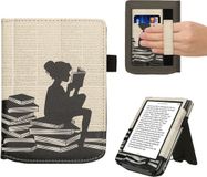 kwmobile e-reader hoesje geschikt voor Pocketbook Verse / Verse Lite / Verse Pro / Color / Vivlio Light/Light HD hoes - E reader flip case van kunstleer - Ereader cover met stand - Meisje met boeken design in zwart / beige