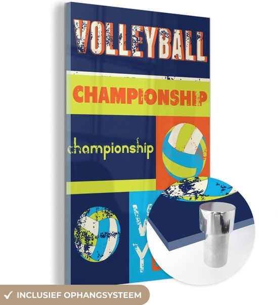MuchoWow® Glass Painting 100x150 cm - Acrylic Glass - Volleyball Illustration with Quote "volleyball championship" - Photo on Glass - Paintings