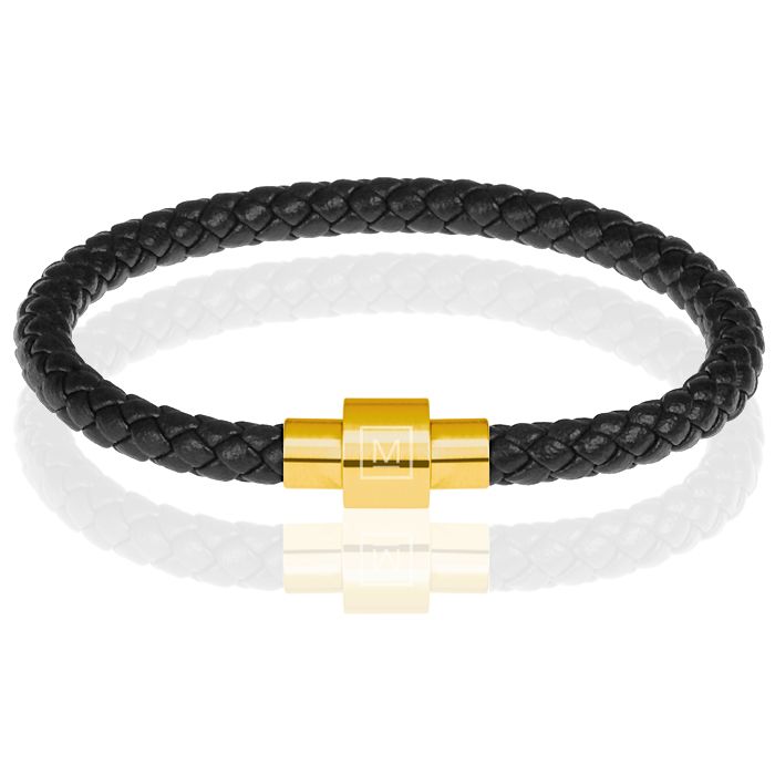 Memphis armband leer met edelstaal Zwart Goud-23cm