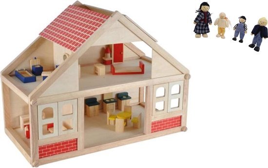 Beeboo Playwood houten poppenhuis inclusief 25 meubeltjes en 4 buigpoppen