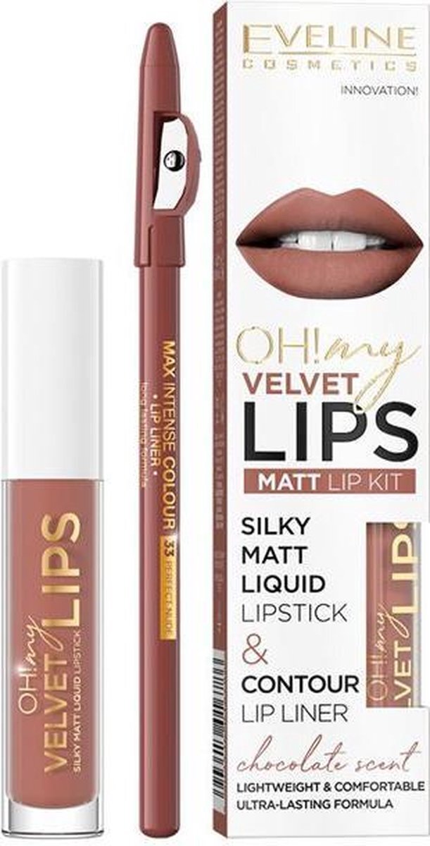 Eveline - Oh My Lips Liquid Matt Lipstick&Contour Lip Liner Matte And Contour 4.5Ml+1Pc. 12 Praline Eclair