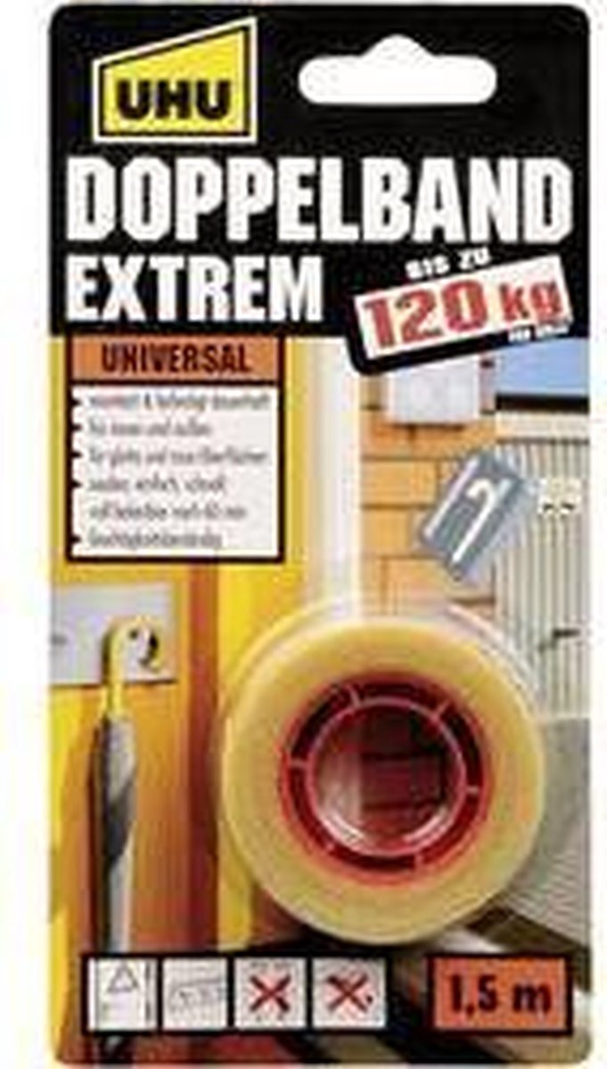 UHU Dubbele tape Extreme, extreem hoge kleefkracht van 120 kg/rol, 1,5 m x 19 mm