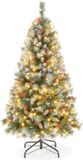 COSTWAY Sapin de Noël artificiel avec éclairage, 150 cm, neige, pommes de pin et baies rouges, sapin de pin avec 8 modes d'éclairage, 200 LED blanc chaud