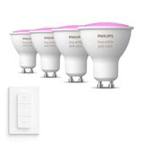 Philips Hue GU10 spot bundel 4 stuks - 350 Lumen - wit en gekleurd licht - 5,7W - Bluetooth - 1 Dimmer Switch - Dimbaar
