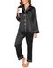 Reliwel Satijnen pyjama voor dames, knoopsluiting, lange mouwen, tweedelig, lang, V-hals, comfortabele en klassieke nachtkleding, huiskleding, voor alle seizoenen, zwart.