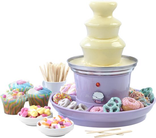 Petra PT3428PPVDEEU7 3 Tier Electric Chocolate Fountain, Smooth Cascade Design, Easy Clean Dip & Share Tabletop Machine, Includes 2 Fruit/Party Treat Trays & 100 Bamboo Skewers, 70-90W, Pastel Purple