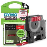 DYMO D1 Duurzame etiketten, 12 mm x 3 m, wit bedrukt op rode achtergrond, originele zelfklevende etiketten voor LabelManager labels