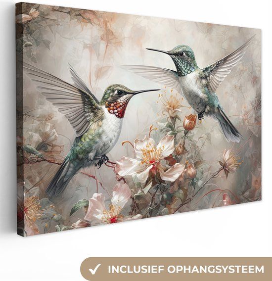 OneMillionCanvasses Canvas Schilderij 180x120 cm - Kolibrie - Bloemen - Vogels - Muurdecoratie