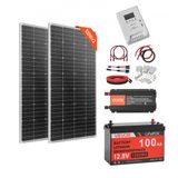 VEVOR Kit solaire 400W, système complet pour installation hors réseau, incluant 2x panneaux solaires monocristallins 200W, batterie 12,8V 100Ah LiFePO4, contrôleur de charge MPPT 40A et onduleur 12V 1000W, système photovoltaïque hors réseau pour usage domestique
