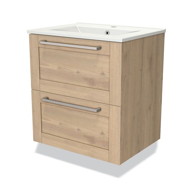 Maxaro Badkamermeubel 60cm Modulo Lichtbruin Eiken 2 Lades Kader Wastafel Keramiek