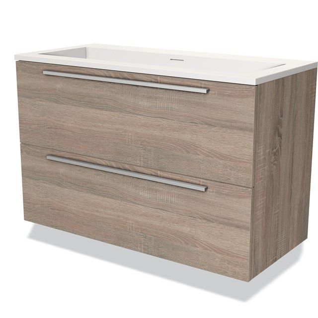 Maxaro Badkamermeubel 100cm Modulo Eiken 2 Lades Vlak Wastafel Solid Surface