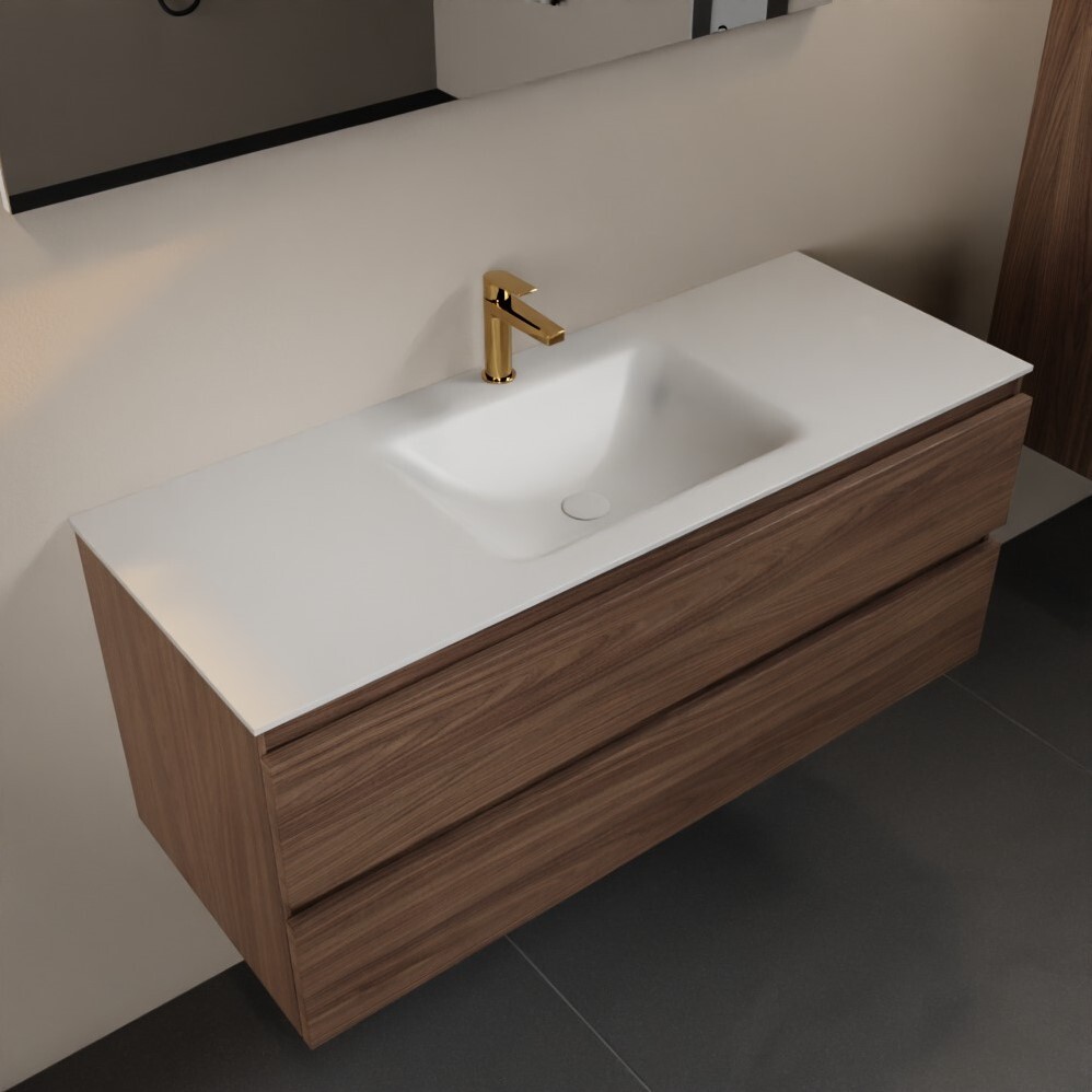 Mondiaz Aivy badmeubelset - 120x45x50cm - 1 kraangat - 1 wasbak talc Solid surface - Midden - 2 lades - Zonder spiegel - Melamine Mocha AIVY80053