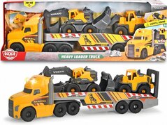 dickie 203729012 Heavy Mack Truck, vrachtwagen met 2 Volvo voertuigen, graafmachine & wiellader, aanhanger voor het koppelen, licht & geluid, incl. batterijen, 70 cm groot, geel