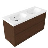 Saniclass Holz Frame Badkamermeubelset - 120x45x63.5cm - Palermo keramische wastafel wit - 2 wasbakken - zonder kraangaten - 2 lades - mat walnut pure (hout) SW1578610/SW24920