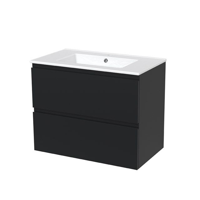 Maxaro Badkamermeubel 80cm Modulo Mat Zwart 2 lades Greeploos Wastafel Keramiek