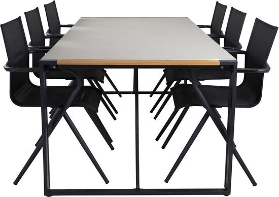 Hioshop Texas tuinmeubelset tafel 100x200cm en 6 stoel Alina zwart, grijs, naturel.