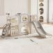 Aire de jeux 6-en-1 pour tout-petits - Toboggan et portique d'escalade pour intérieur et extérieur - Toboggan de 164 cm - Panier de basket - Tunnel d'exploration - Télescope et volant - Adapté aux 1-2 ans - Gris et blanc