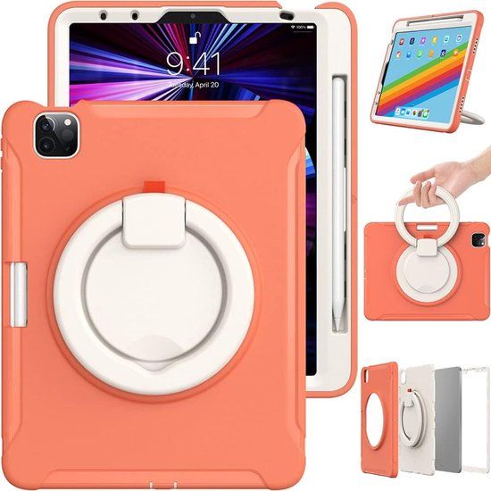 Merkloos Tablethoes geschikt voor Apple iPad Air 4 & Air 5 10.9 inch en iPad Pro 11 inch (2018, 2020, 2021 & 2022) – Met 360° Draaibare Handgreep & Penhouder - Oranje