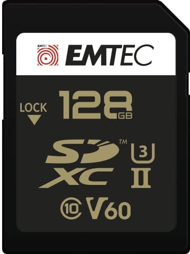 Emtec ECMSD128GUHS2V60 SD-kaart, UHS-II U3 V60 SpeedINPRO+, opslagcapaciteit 128 GB, 2 rijen pinstekkers op de achterkant van de kaart, zwart/goud