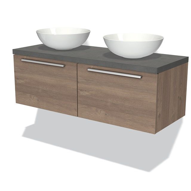Maxaro Badkamermeubel Modulo Plato 120cm Middenbruin Eiken 2 Lades Vlak Donkergrijs Beton Blad