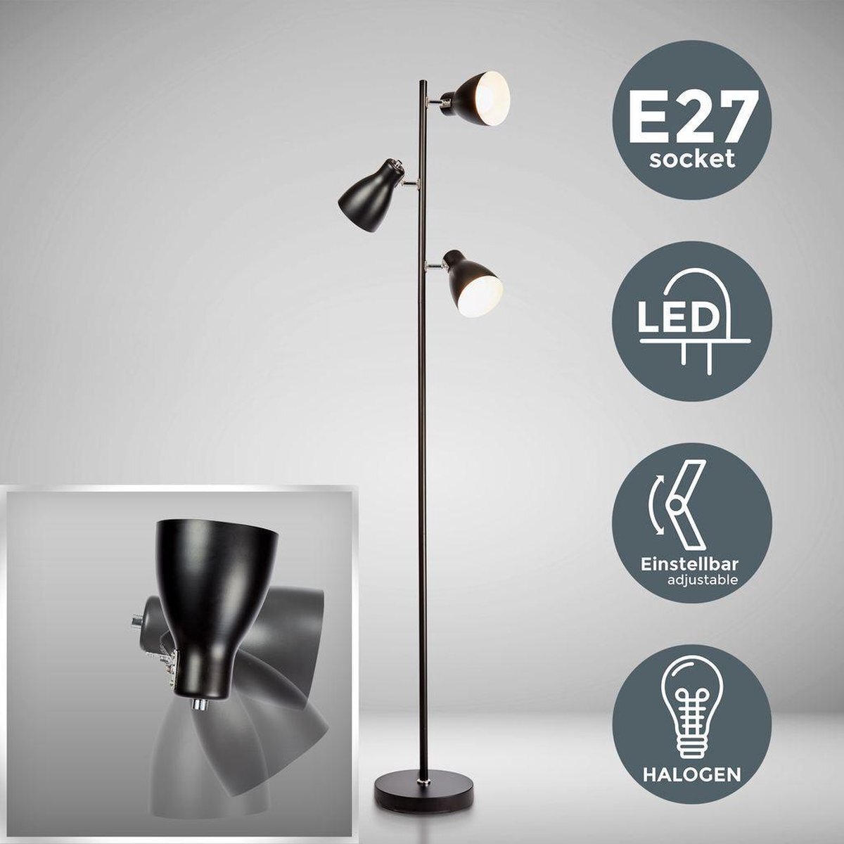 B.K.Licht - Industriële Vloerlamp - voor binnen - voor woonkamer - zwarte staande lamp - staanlamp - leeslamp - draaibar - met 3 lichtpunten - E27 fitting - excl. lichtbronnen