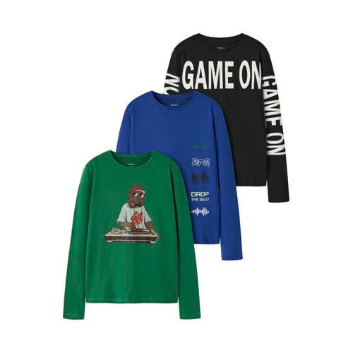 NAME IT KIDS gestreepte longsleeves met tekst - groen (set van 3)