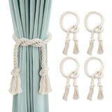 GlasFlength Gordijnhouders, 4 stuks, boho, embrasses voor gordijnen, handgebreide gordijnband, 100 cm, katoenen touw, touwhouder, voor slaapkamer, kantoor, woonkamer (beige)