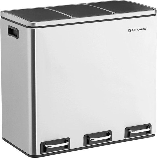 Songmics Prullenbak 54L - Pedaalemmer 3 Vakken - Roestvrij Staal - Afvalscheidingssysteem