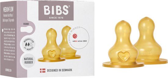 BIBS Flesspenen verpakking 2 stuks. Anti-koliek. Extra spenen voor BIBS babyflessen. Ronde speen. - Natuurlijk rubberlatex, Gemiddelde stroom