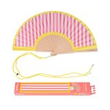 Fisura - Houten waaier in roze en geel gestreept design. Modern en kleurrijk accessoire, modieuze handventilator met clip inbegrepen. Afmetingen: 42,5 x 23 cm