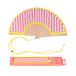 Fisura - Houten waaier in roze en geel gestreept design. Modern en kleurrijk accessoire, modieuze handventilator met clip inbegrepen. Afmetingen: 42,5 x 23 cm