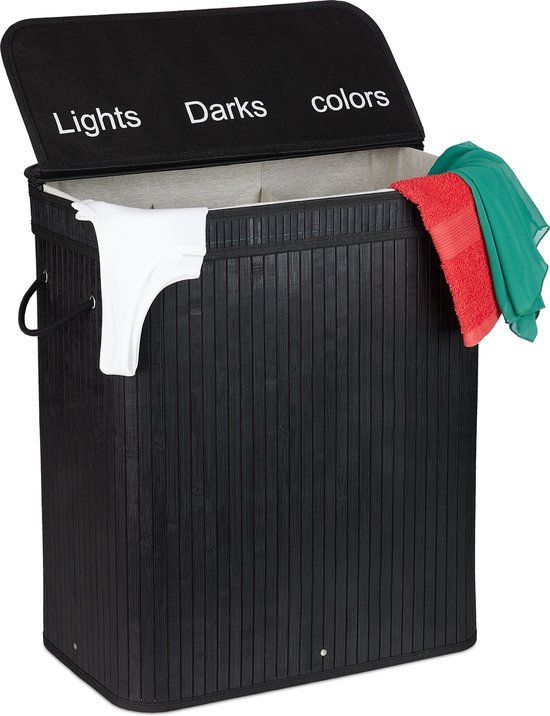 Relaxdays Wasgoed Sorteer Mand - 3 Vakken - Bamboe - Zwart