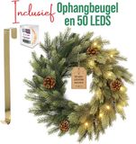 Meisterhome Kerstkrans 50 cm - Groen/Bruin - Metaal/Kunststof - Inclusief 50 LED Lampjes - Voor Binnen & Buiten
