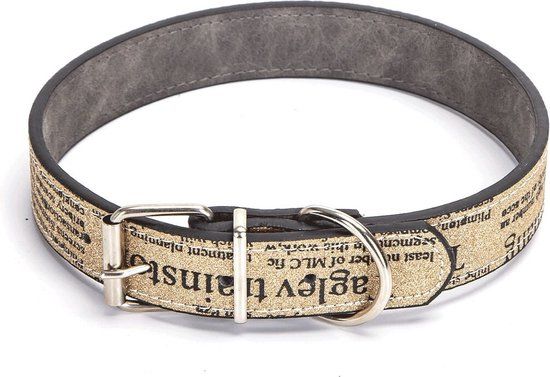 Nobleza Hondenhalsband met Glitters en Letterprint - Maat S - Beige - Kunstleer