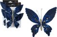 Decoris kerstboomversiering vlinders op clip - 6x st - donkerblauw - 15 cm