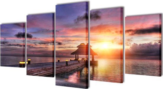 VidaXL Canvas Muurdruk Set Zandstrand met Paviljoen 200 x 100 cm