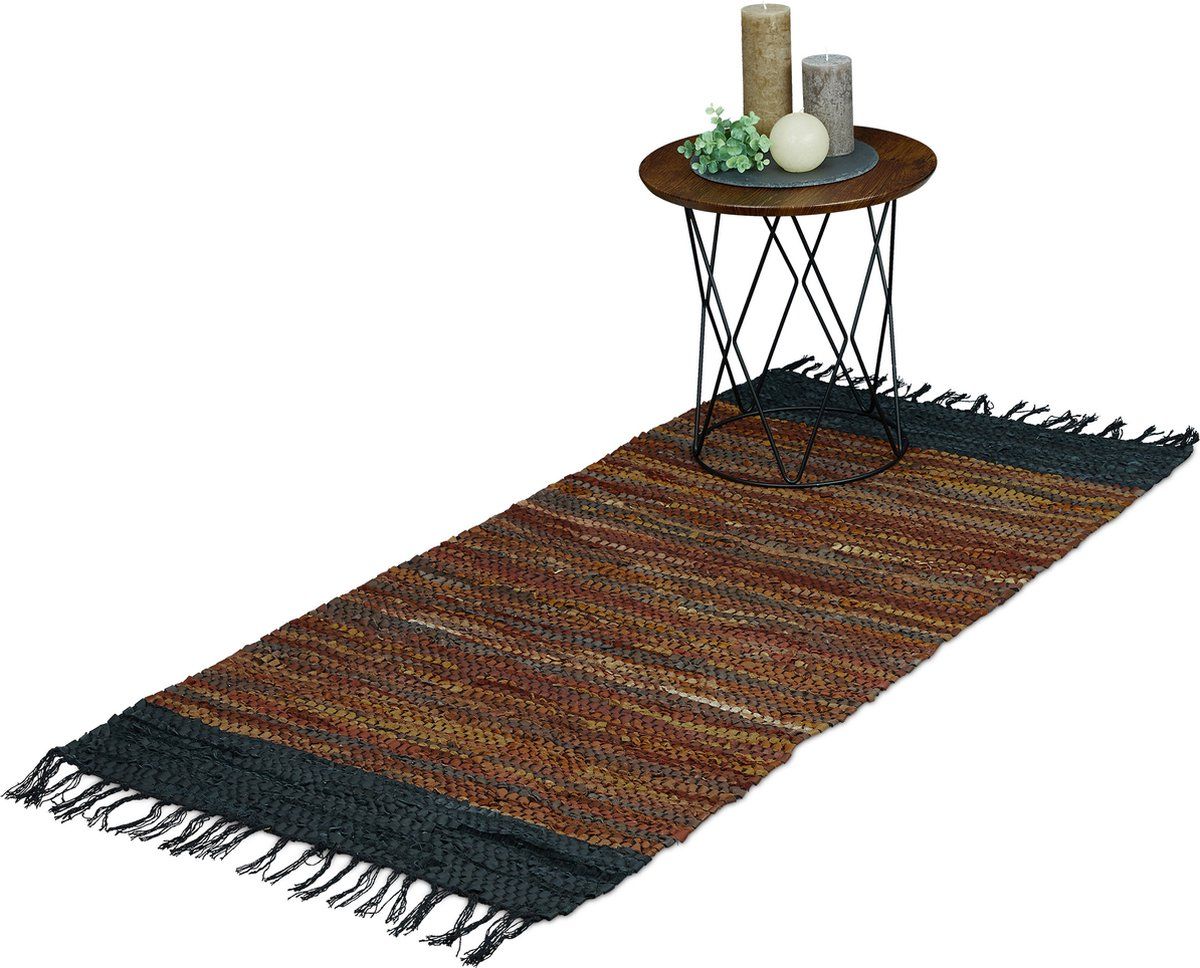 Relaxdays Vloerkleed Leder en Katoen - Tapijt met Franjes - Bruin, 70 x 140 cm