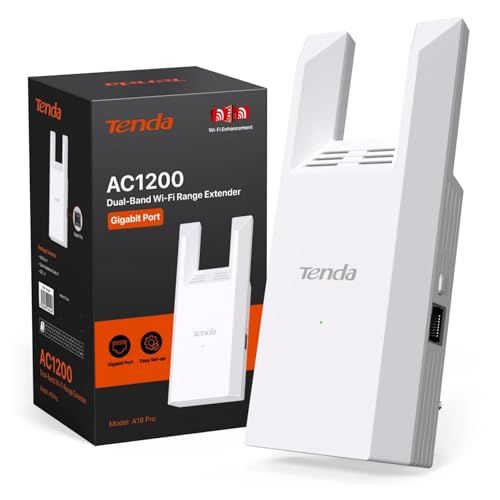 Tenda A18 Pro WiFi-repeater, wifi-signaalversterker AC1200 Mbps, dual band 5 GHz en 2,4 GHz, wifi-extender en access point, Gigabit poort, intelligente led, WPS, WPA3, app-besturing