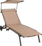 Merkloos Chaise longue avec roulettes, toit et porte-gobelet, chaise longue avec dossier réglable, chaise de terrasse, chaise longue d'extérieur, chaise de plage pour jardin, terrasse, piscine (brun)