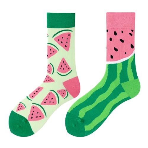 NxnChc Grappige sokken voor dames en heren, uniseks, diverse motieven, dieren, eten, sport, kunst, katoen, cadeau, asymmetrisch ontwerp, links-rechts, Watermeloen