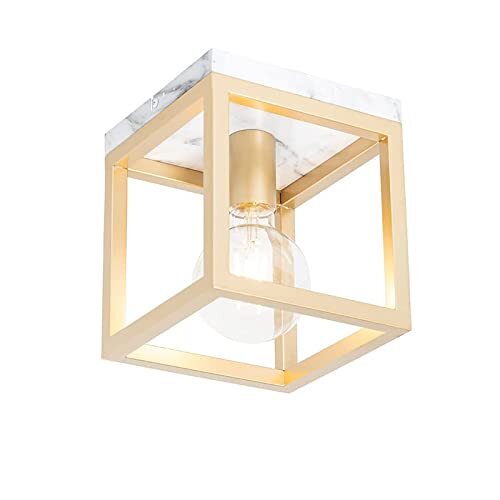 QAZQA - Industrieel | Industrie plafondlamp goud met marmer - Cage | Woonkamer | Slaapkamer | Keuken - Staal Kubus - E27 Geschikt voor LED - Max. 1 x 60 Watt