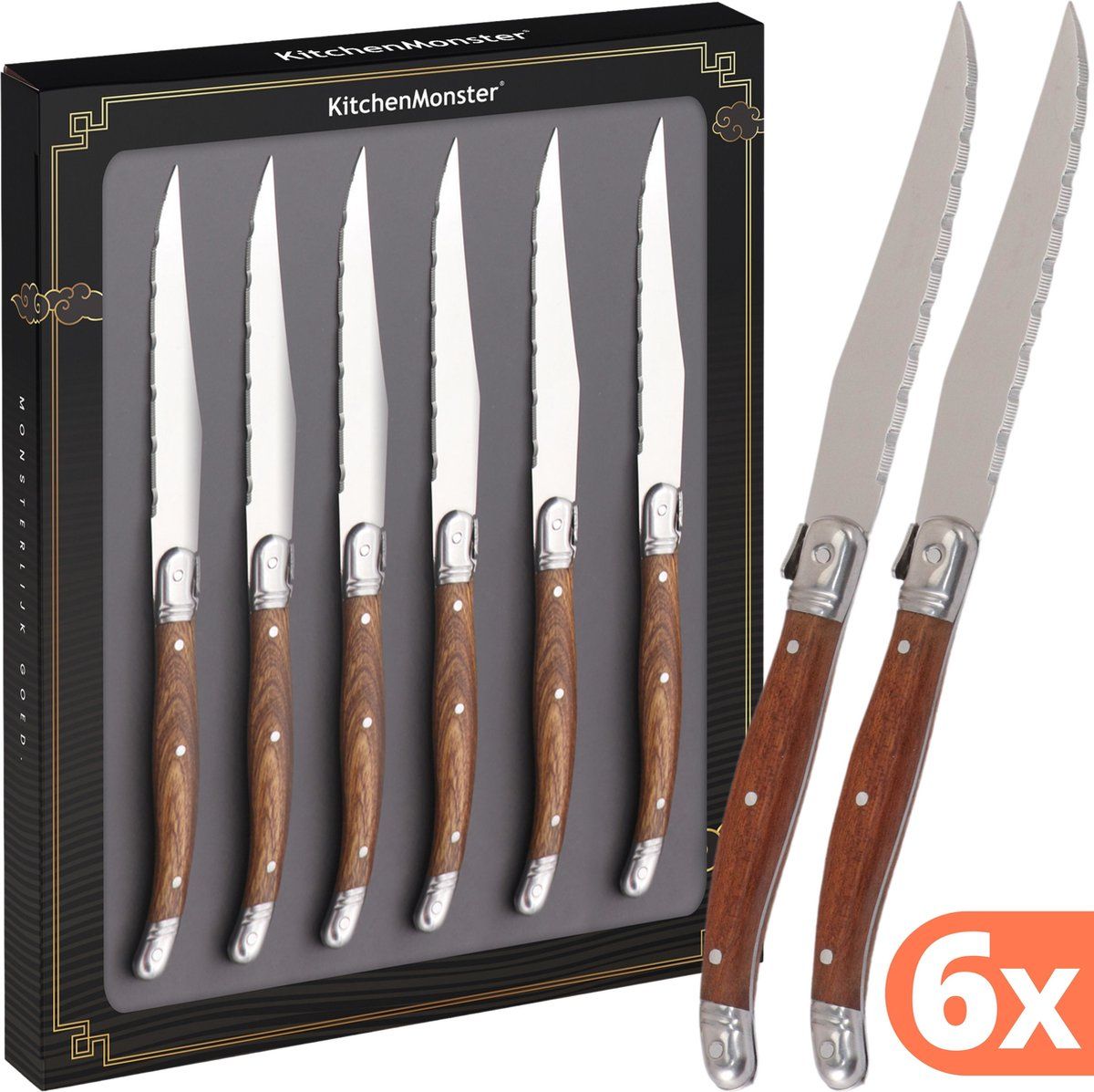 KitchenMonster Steakmessen Laguiole Deluxe - Messenset 6 Stuks - RVS en Rozenhout