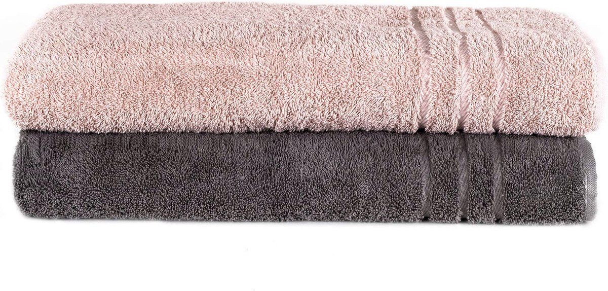 Komfortec Set van 2 saunahanddoeken 80x200 cm - Antracietgrijs/Bloemroze