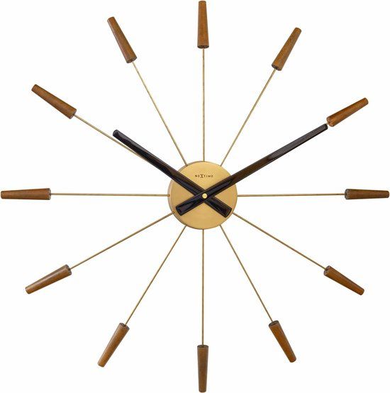 NeXtime Grote wandklok - 58cm - Stille klok -Walnoot hout - Plug-Inn