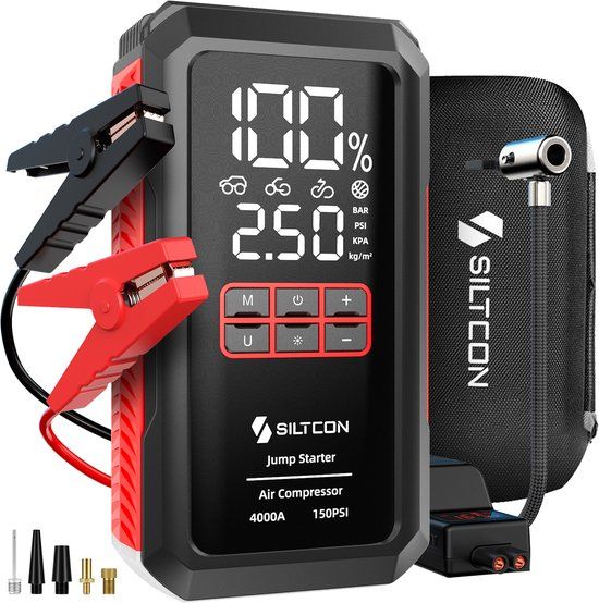 Siltcon® 12V 5-in-1 Jumpstarter voor Auto met Compressor - 4000A / 24.000 mAh Powerbank