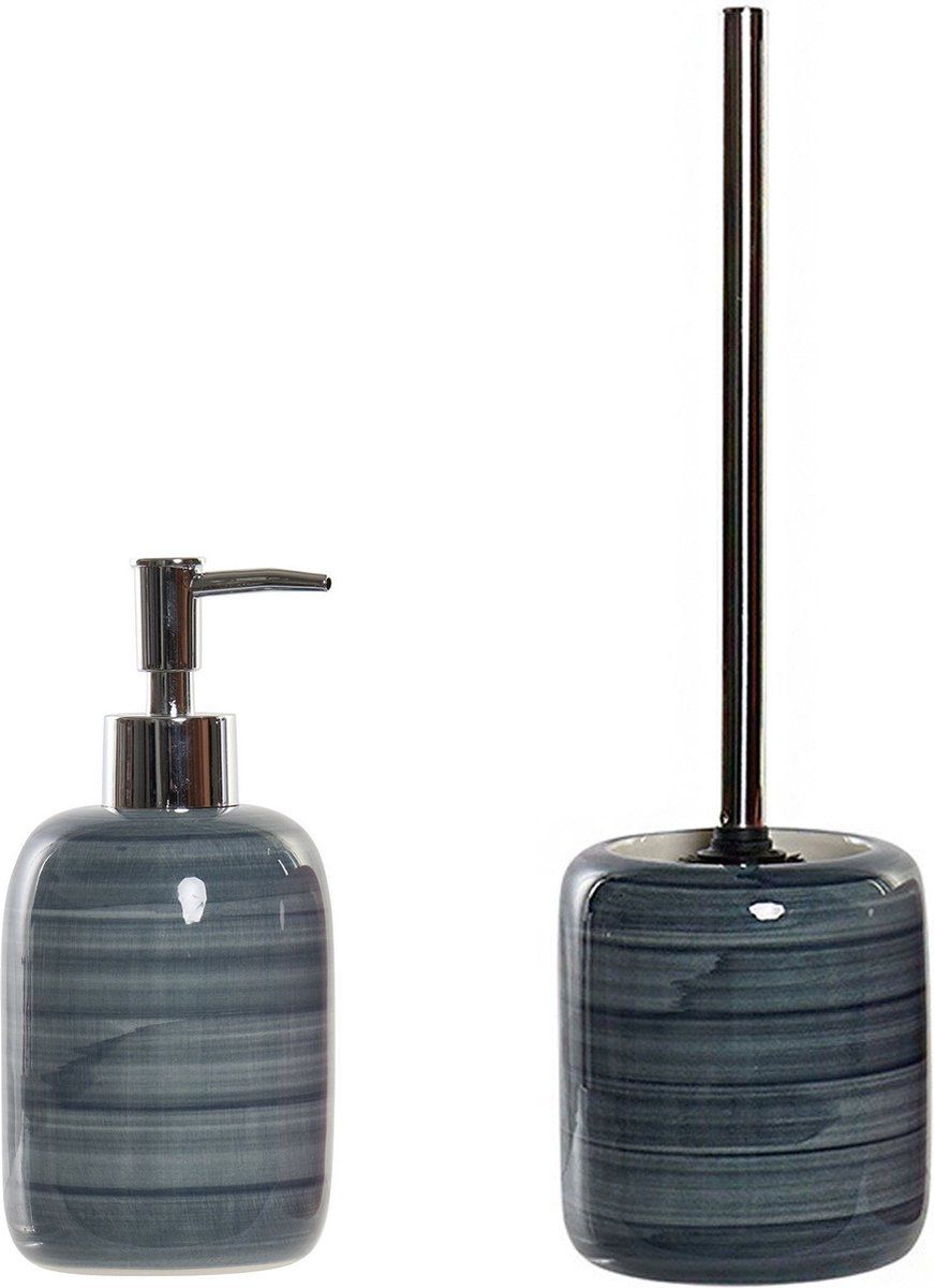 Toiletborstel marmer look polystone blauw 39 cm met zeeppompje 300 ml