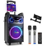 Moukey Karaoke-machine, 25,4 cm (10 inch) PA-subwoofersysteem, bluetooth-luidspreker met 2 draadloze microfoons, tablethouder, discoverlichting, afstandsbediening, wielen, ondersteunt instelling